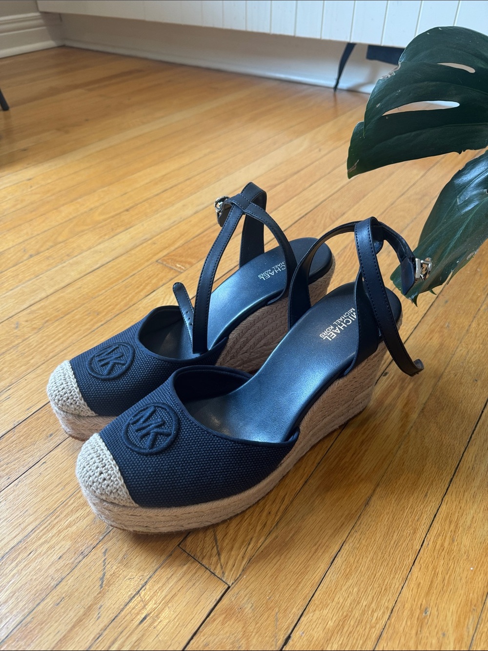 Michael Kors Navy and Natural Espadrille Wedge Sandals
